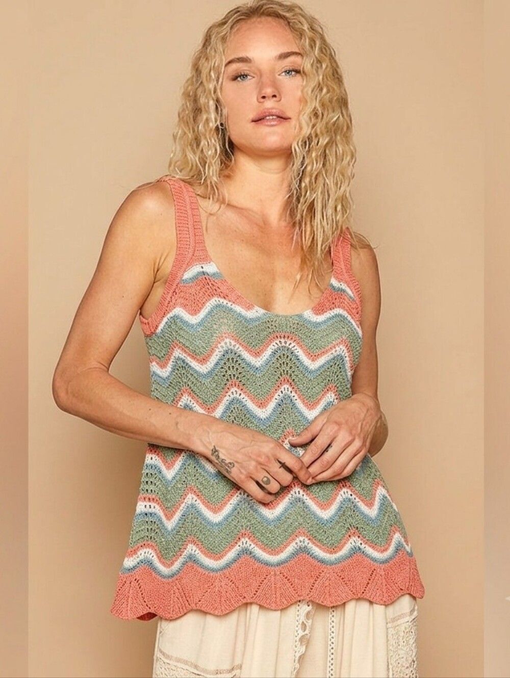 POL Crochet Wave Tank in Coral, Sage & White